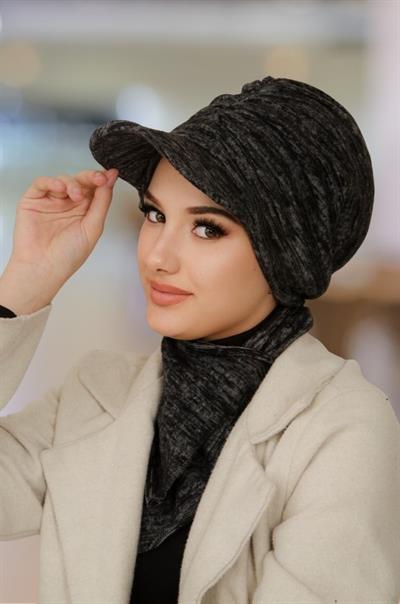 Siyah Gri Melanj Tesettür Şapka ve Etol Takım