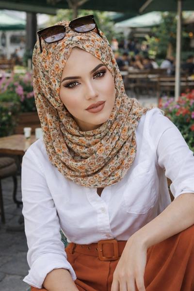 Vizon Bej Çiçek Desenli Hazır Şifon Şal