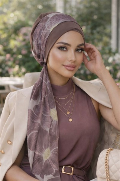 Vizon Çiçek Desen Fularlı Bone