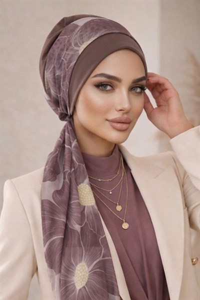 Vizon Çiçek Desen Fularlı Bone