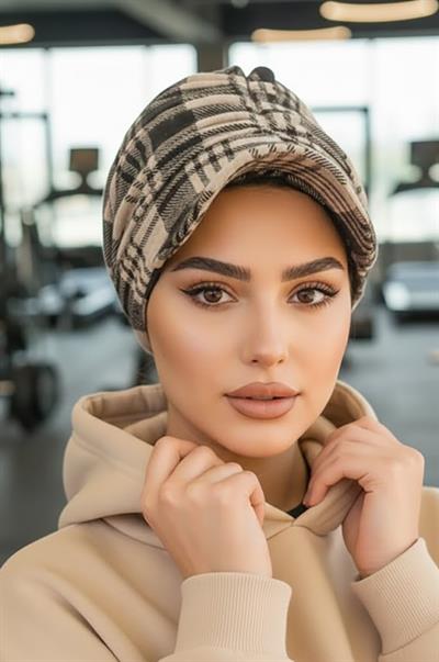 Vizon Siyah Ekose Desen Tesettür Şapka