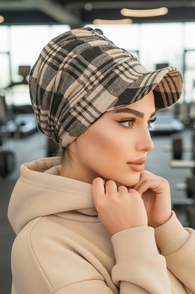 Vizon Siyah Ekose Desen Tesettür Şapka