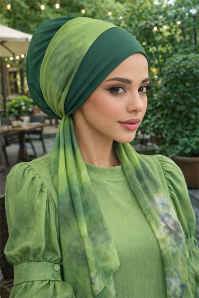 Yeşil Batik Desen Fularlı Bone