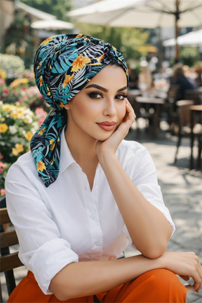 Yeşil Çiçek Desen Büzgülü Eşarp Bone