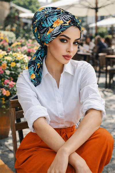 Yeşil Çiçek Desen Büzgülü Eşarp Bone