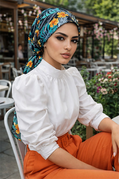 Yeşil Siyah Yaprak Desen Eşarp Bone