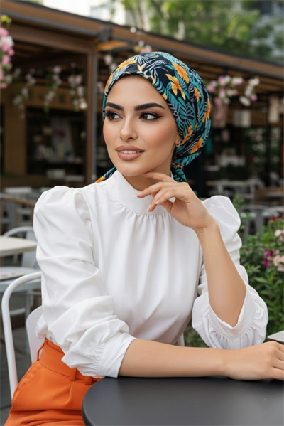 Yeşil Siyah Yaprak Desen Eşarp Bone