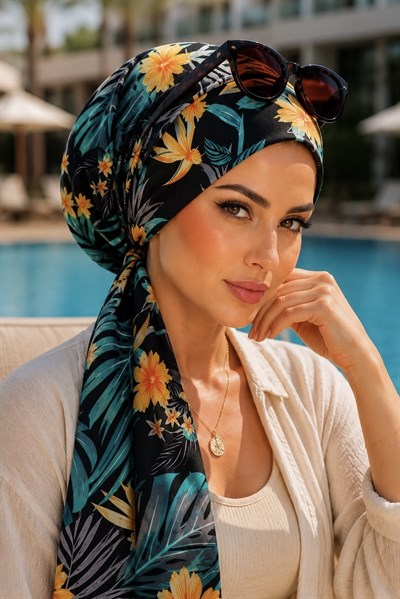 Yeşil Siyah Yaprak Desen Eşarp Bone