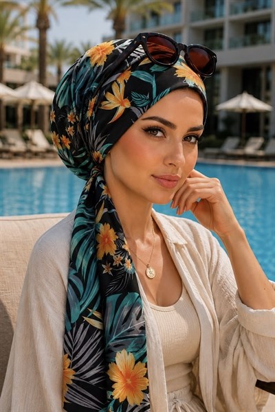 Yeşil Siyah Yaprak Desen Eşarp Bone