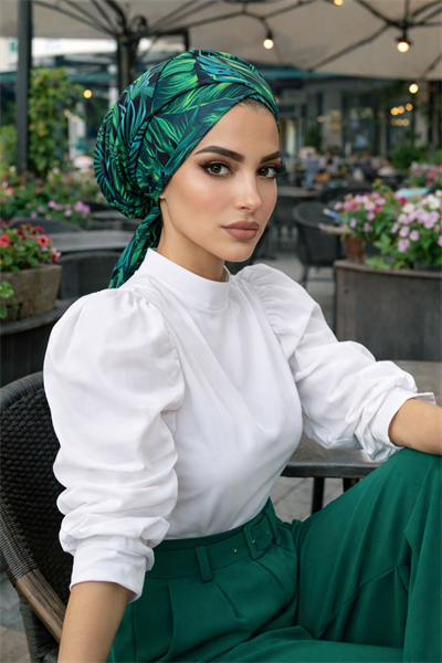 Yeşil Yaprak Desen Çapraz Bone