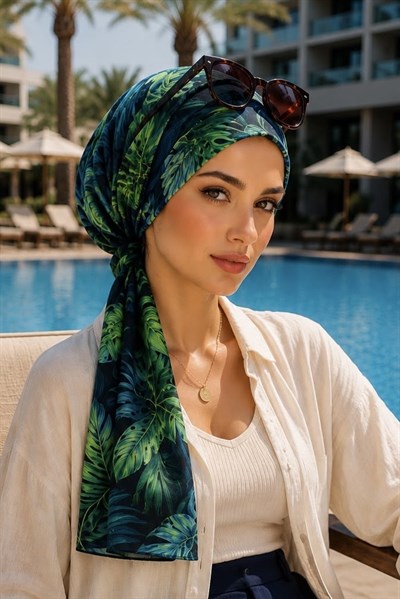 Yeşil Yaprak Desen Eşarp Bone