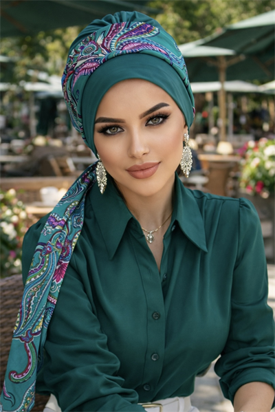 Zümrüt Etnik Desen Fularlı Bone