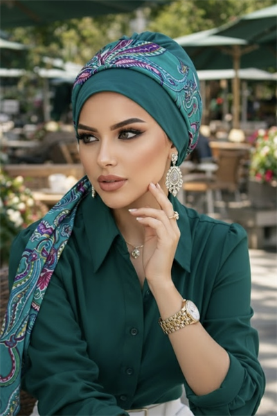 Zümrüt Etnik Desen Fularlı Bone