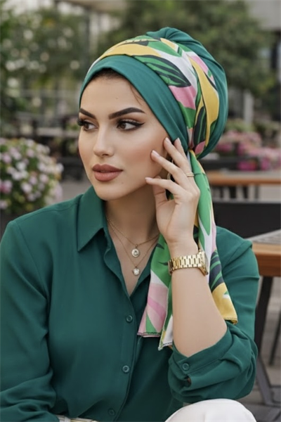 Zümrüt Renkli Yaprak Desen Fularlı Bone