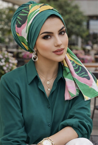 Zümrüt Renkli Yaprak Desen Fularlı Bone