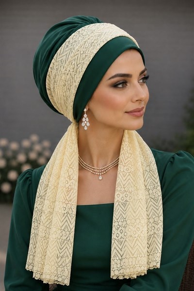 Zümrüt Sarı Dantel Fularlı Bone