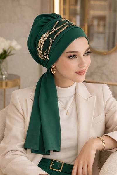 Zümrüt Simli Motifli Atkılı Abiye Bone