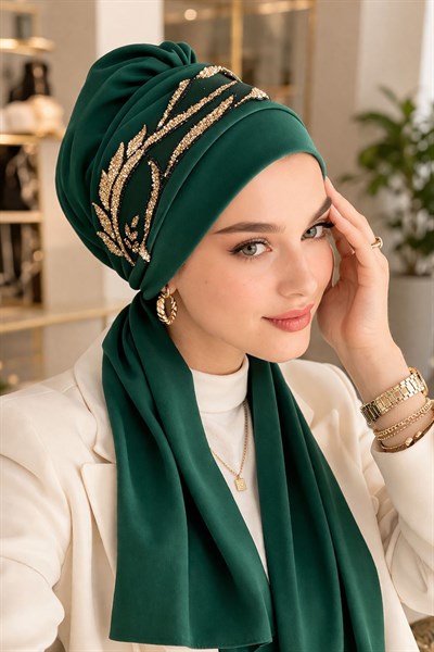 Zümrüt Simli Motifli Atkılı Abiye Bone