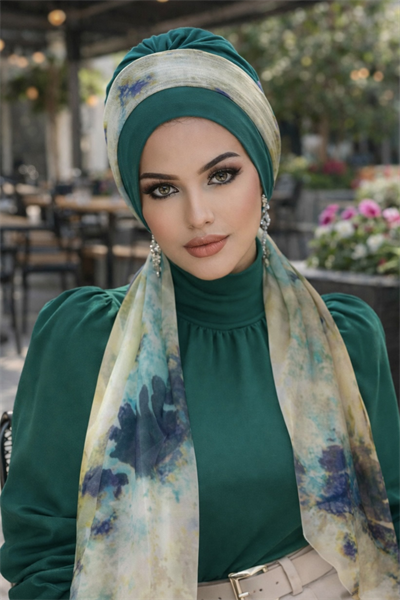 Zümrüt Turkuaz Batik Desen Fularlı Bone