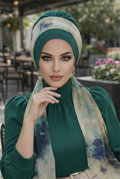 Zümrüt Turkuaz Batik Desen Fularlı Bone