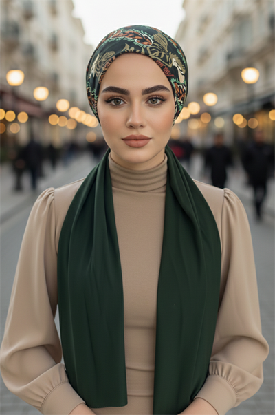 Zümrüt Yaprak Desenli Eşarp Bone