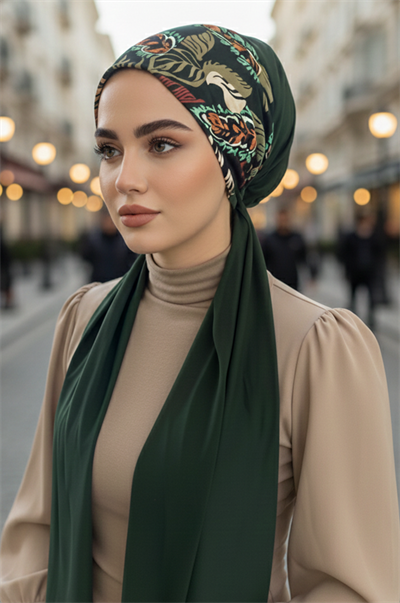 Zümrüt Yaprak Desenli Eşarp Bone