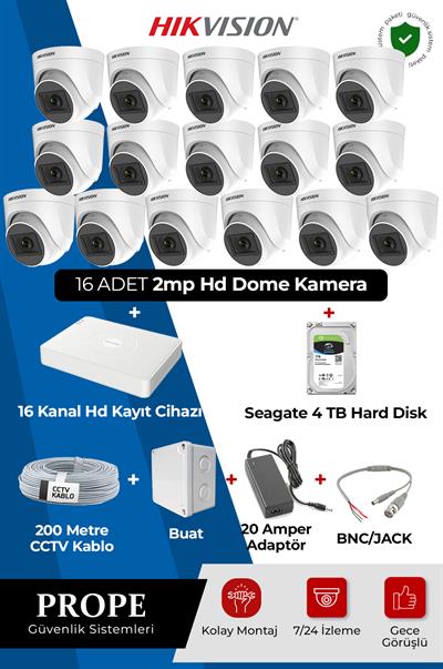 HIKVISION DS-2CE76D0T, 16 Kameralı Dome Full  Hd Sistem Paketi