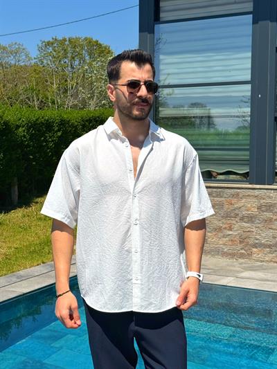 Beyaz Flam Kumaş Yazlık Oversize Kısa Kol Gömlek