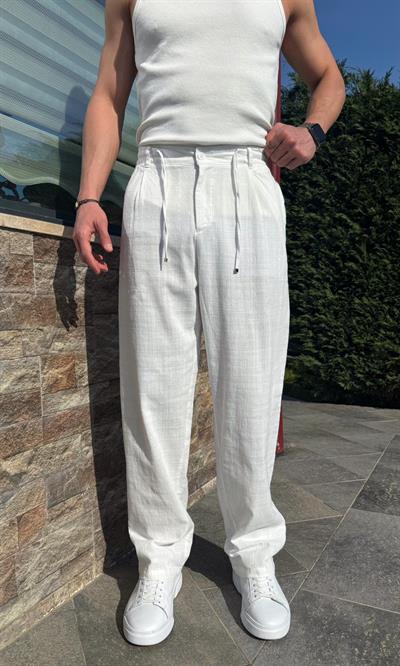 Beyaz Yazlık Premium Keten Baggy Pantolon