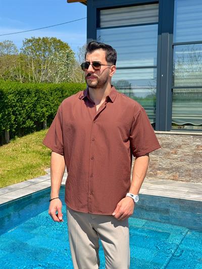 Kahverengi Flam Kumaş Yazlık Oversize Kısa Kol Gömlek
