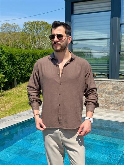 Kahverengi Ham Keten Yazlık Yarım Oversize Gömlek