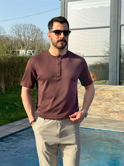 Kahverengi Osyh Kumaş Oval Kesim T-Shirt
