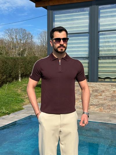 Kahverengi Tam Kalıp Omuz Şeritli Polo Yaka