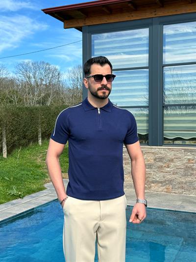 Lacivert Tam Kalıp Omuz Şeritli Polo Yaka