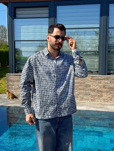 Lacivert Yazlık Yıkamalı AC Nakışlı Oversize Gömlek