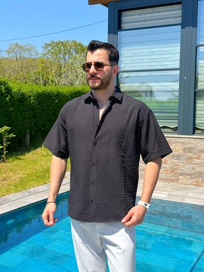 Siyah Flam Kumaş Yazlık Oversize Kısa Kol Gömlek