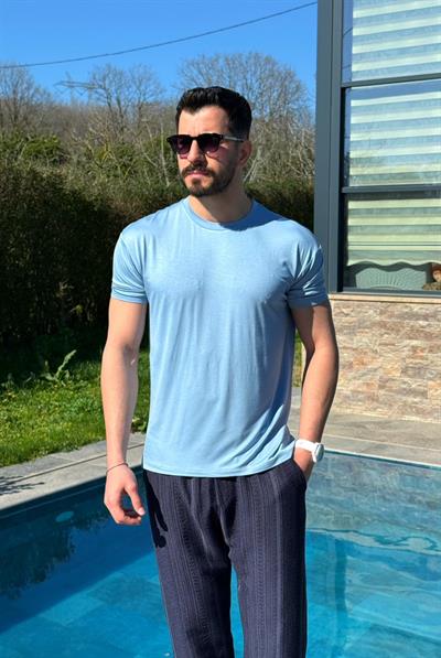 Süet Kumaş T-Shirt Mavi