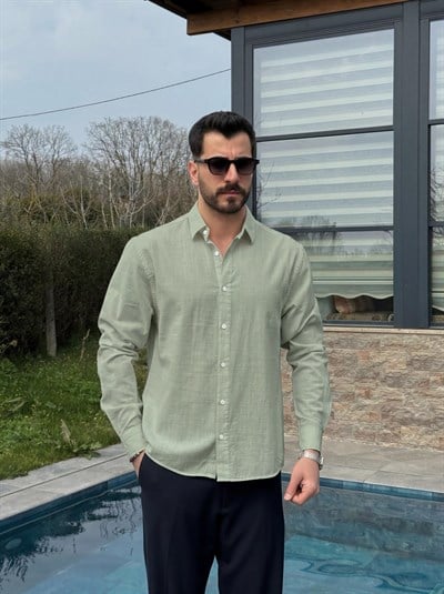 Yeşil Yazlık Fresh Keten Kumaş Tam Kalıp Gömlek
