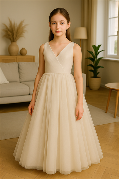Abiye & Mezuniyet ElbisesiKız Çocuk Ekru Sade Şık Doğum Günü Parti Mezuniyet Abiye Elbise