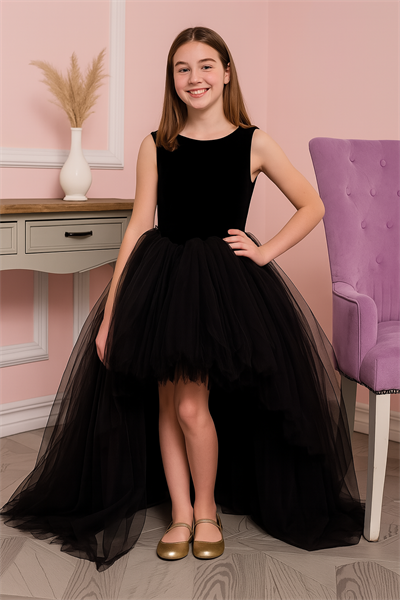 Abiye & Mezuniyet ElbisesiKız Çocuk Ön kısa Arka Uzun Kuyruk Detaylı Saten Balo Parti Mezuniyet Elbise