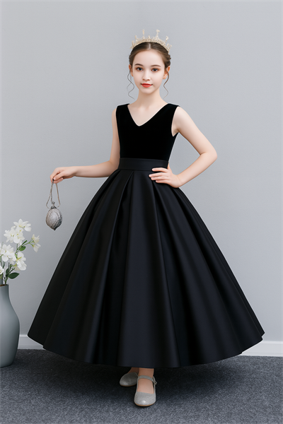 Abiye & Mezuniyet ElbisesiKız Çocuk V Yaka Siyah Üst Kadife Alt Saten Doğum Günü Noel Mezuniyet Elbise