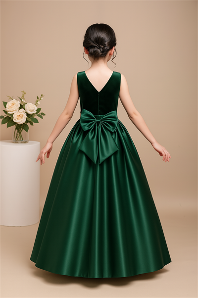 Abiye & Mezuniyet ElbisesiKız Çocuk Zümrüt Yeşil Üst Kadife Alt Saten Doğum Günü Noel Mezuniyet Elbise