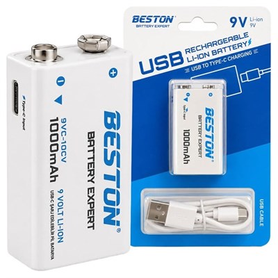 Beston 9VC-10CV 9V 1000mAh Type-C Şarj Edilebilir Li-Ion Lityum Pil ve Şarj Kablosu