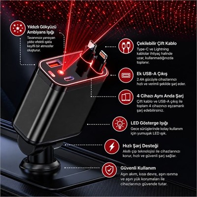 Hello HL-29871 Araç Çakmaklık Şarj Cihazı Dahili Çekilebilir Type-C Lightning Çift Kablo Ambiyans Işıklı