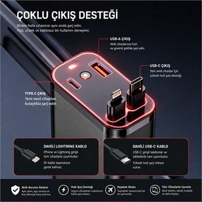 Hello HL-29871 Araç Çakmaklık Şarj Cihazı Dahili Çekilebilir Type-C Lightning Çift Kablo Ambiyans Işıklı