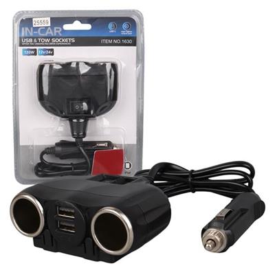 Olesson 1630 12-24V Çift USB Girişli 120W 80cm Kablolu 2LI Araç Çakmak Çoklayıcı