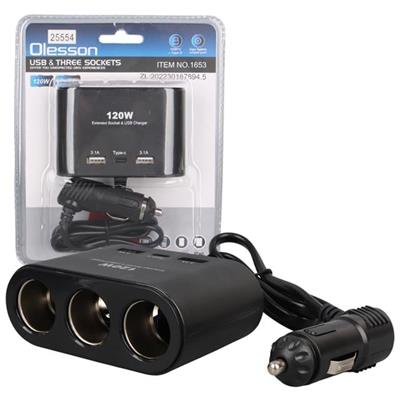 Olesson 1653 12-24V Çift USB + TYPE-C Girişli 100W 70cm Kablolu 3lü Araç Çakmak Çoklayıcı