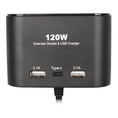 Olesson 1653 12-24V Çift USB + TYPE-C Girişli 100W 70cm Kablolu 3lü Araç Çakmak Çoklayıcı