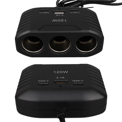 Olesson 2012 12-24V Çift TYPE-C - Tek USB Girişli 120W 80cm Kablolu 3LÜ Araç Çakmak Çoklayıcı