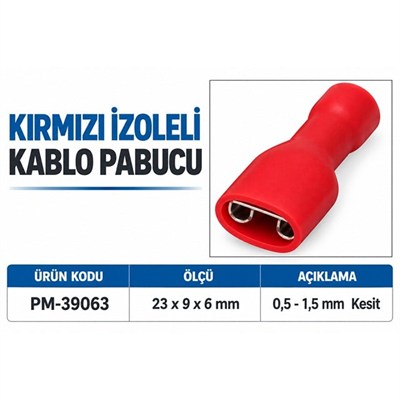 PowerMaster PM-39063 0,5-1,5mm2 Kesit 23x9x6mm Soket Kırmızı İzoleli Kablo Pabucu (100Lü Paket)